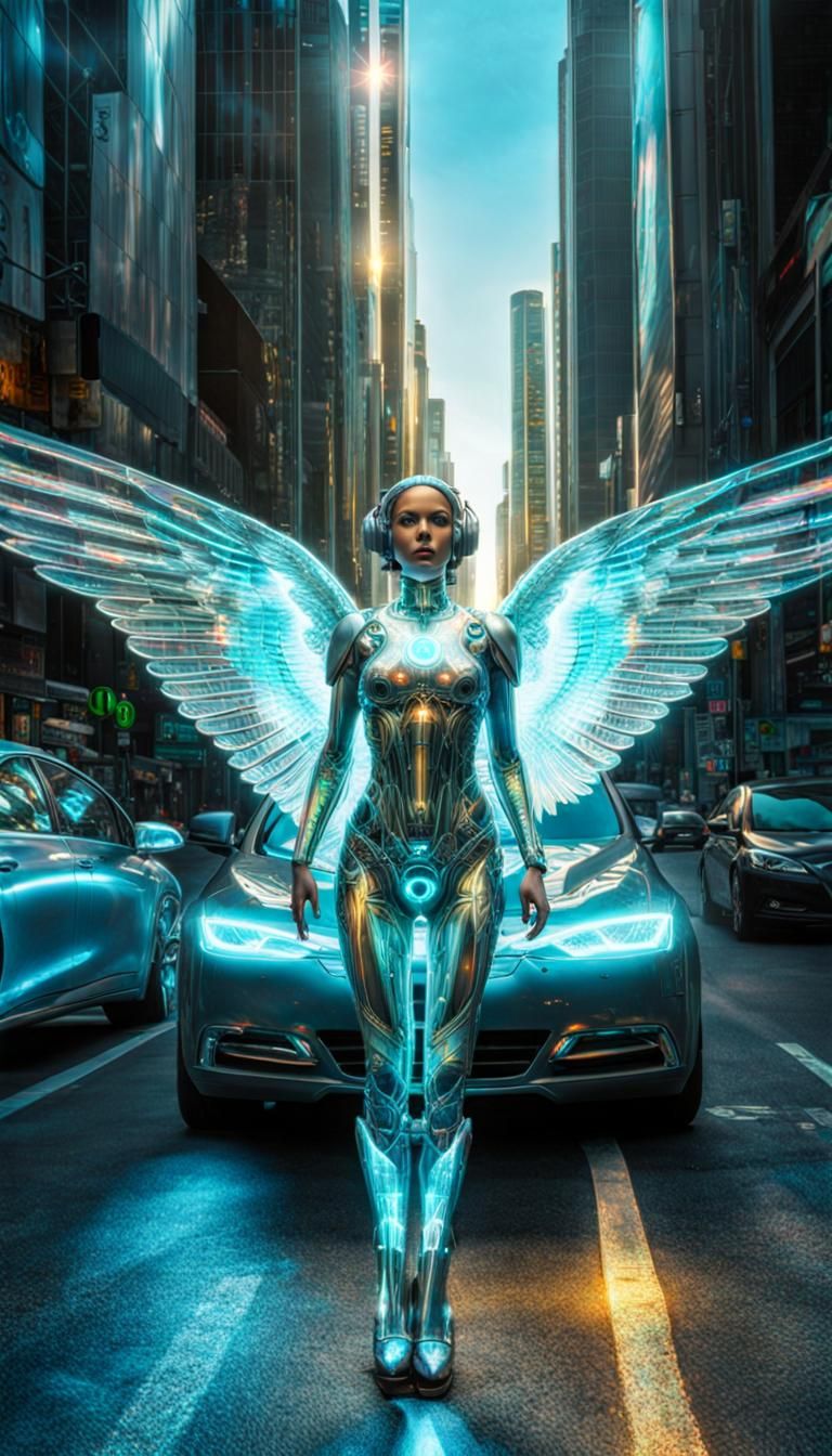 Holographic Cyborg Angel in Urban Cyberpunk Scene