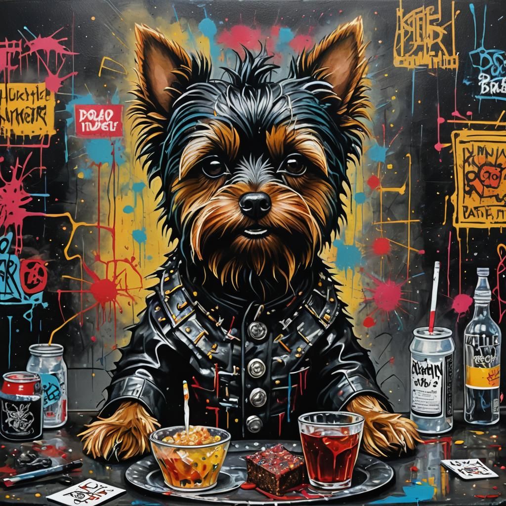 Yorkie as Hellraiser Pinhead in Dog Bar Graffiti Art