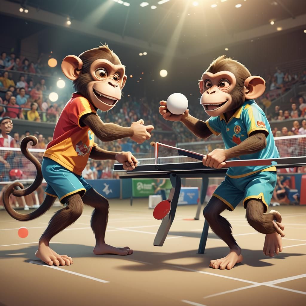 Monkeys Play Table Tennis in Disney Cartoon Style