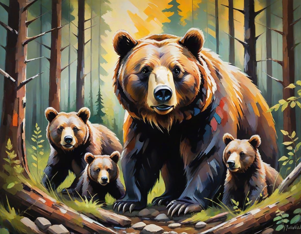 Mother Bear Protecting Cubs in Expressionist Acrylic Paintin...