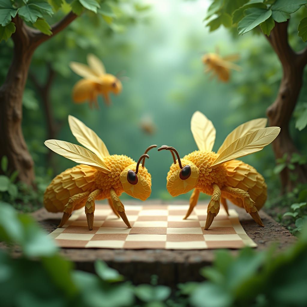 Bees Play Exciting Chess in Papercraft Forest