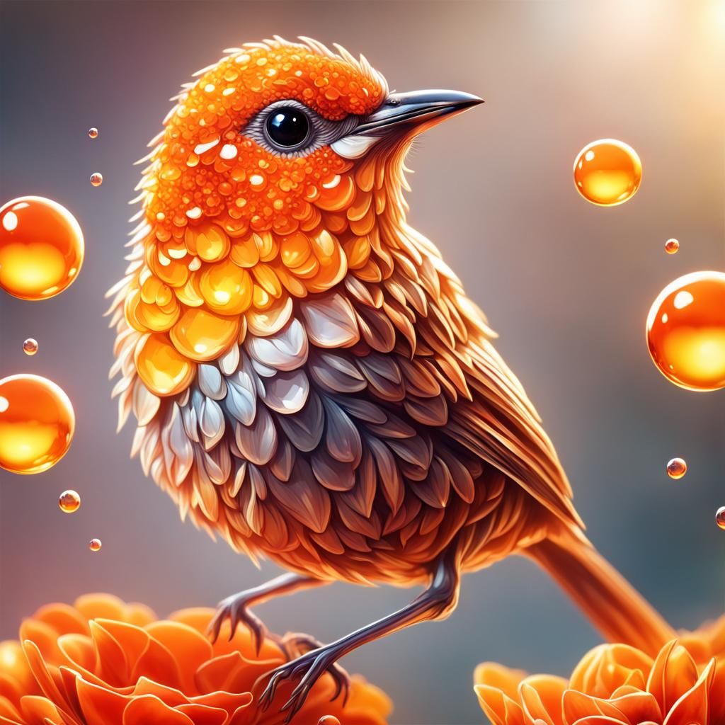Orange Crystal Bird in Hyperrealistic Floral Scene