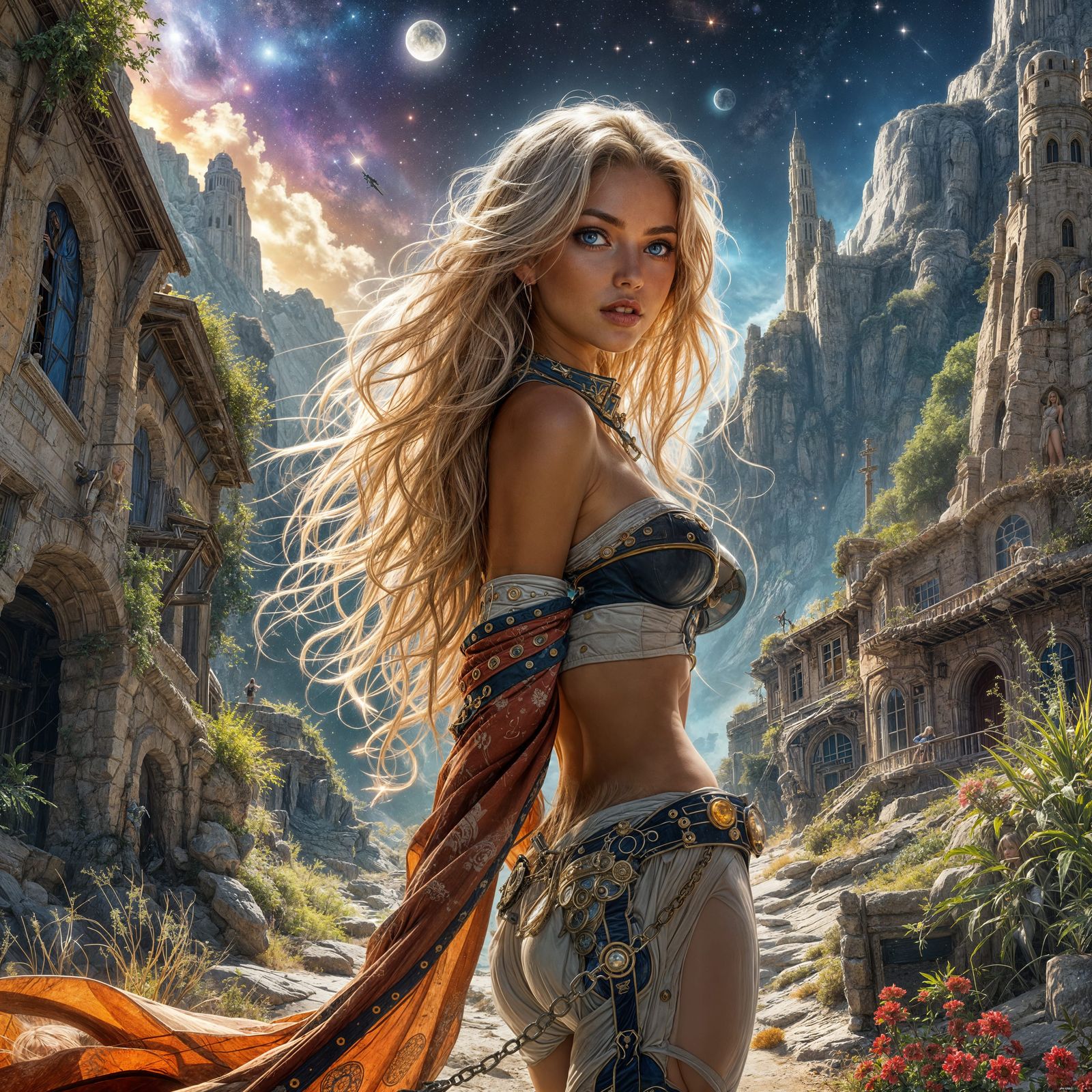 Sci-Fi Pin-Up Space Huntress in Art Nouveau Style