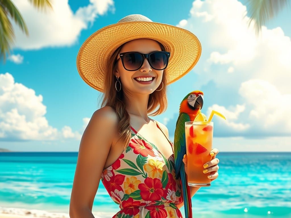 Tropical Woman with Parrot in Naive Art Style