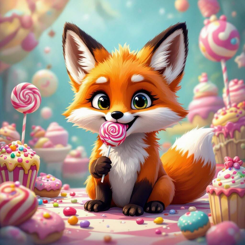Whimsical Fox in Candy Land, Digital Watercolor Art