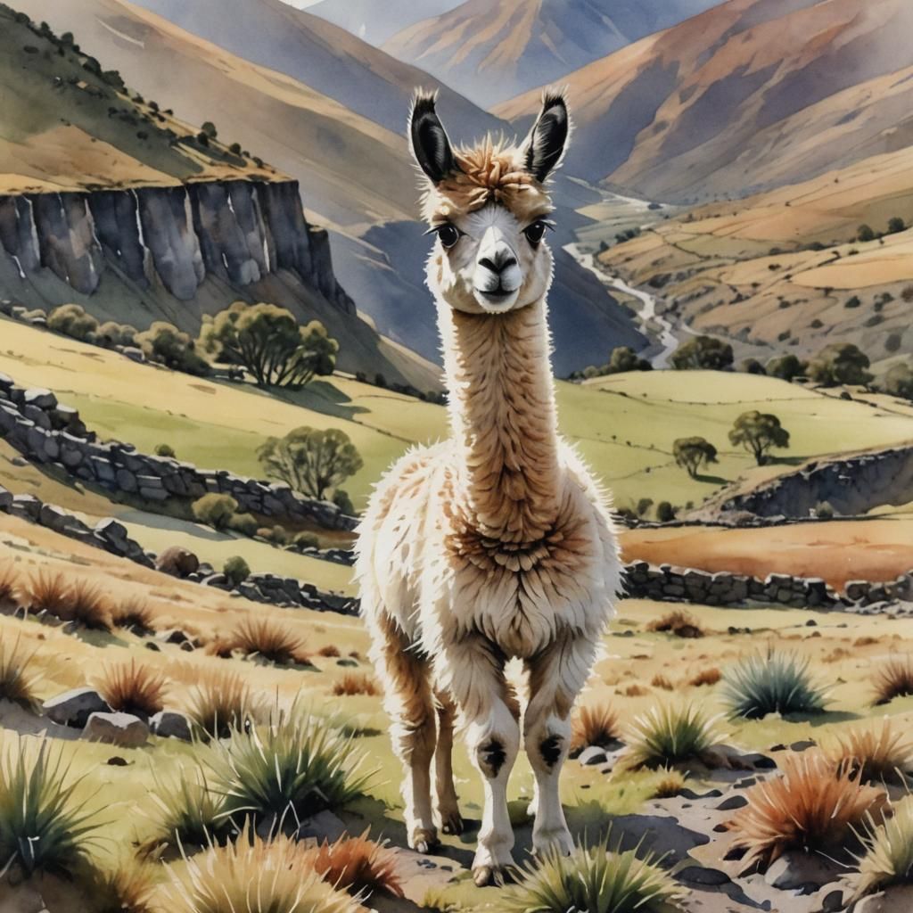 Baby Llama in Andes, Watercolor Winter Scene