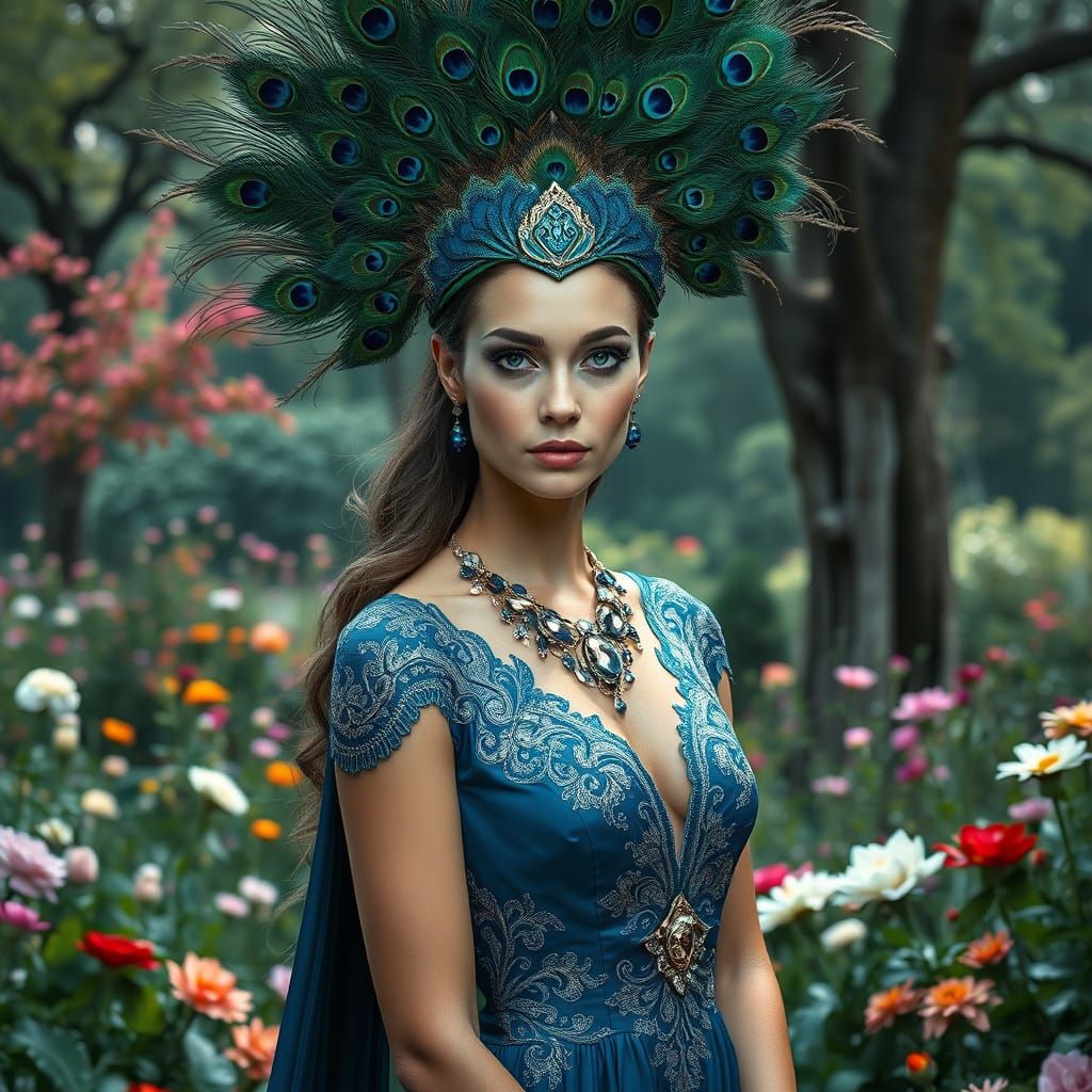 Elegant Woman Adorned in Peacock Headdress and Lavish Gown i...
