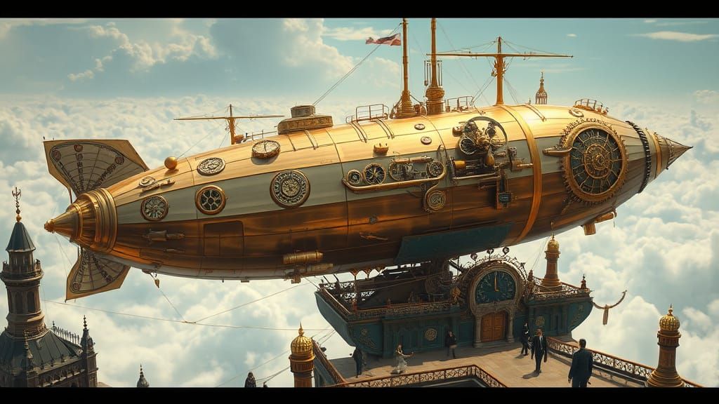 Steampunk Airship Docks at Floating Island City