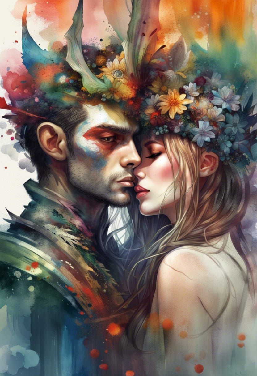 Elven Couple Kissing: Colorful Fantasy Portrait