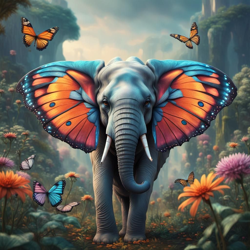 Elephant-Butterfly Hybrid in a Surreal Landscape