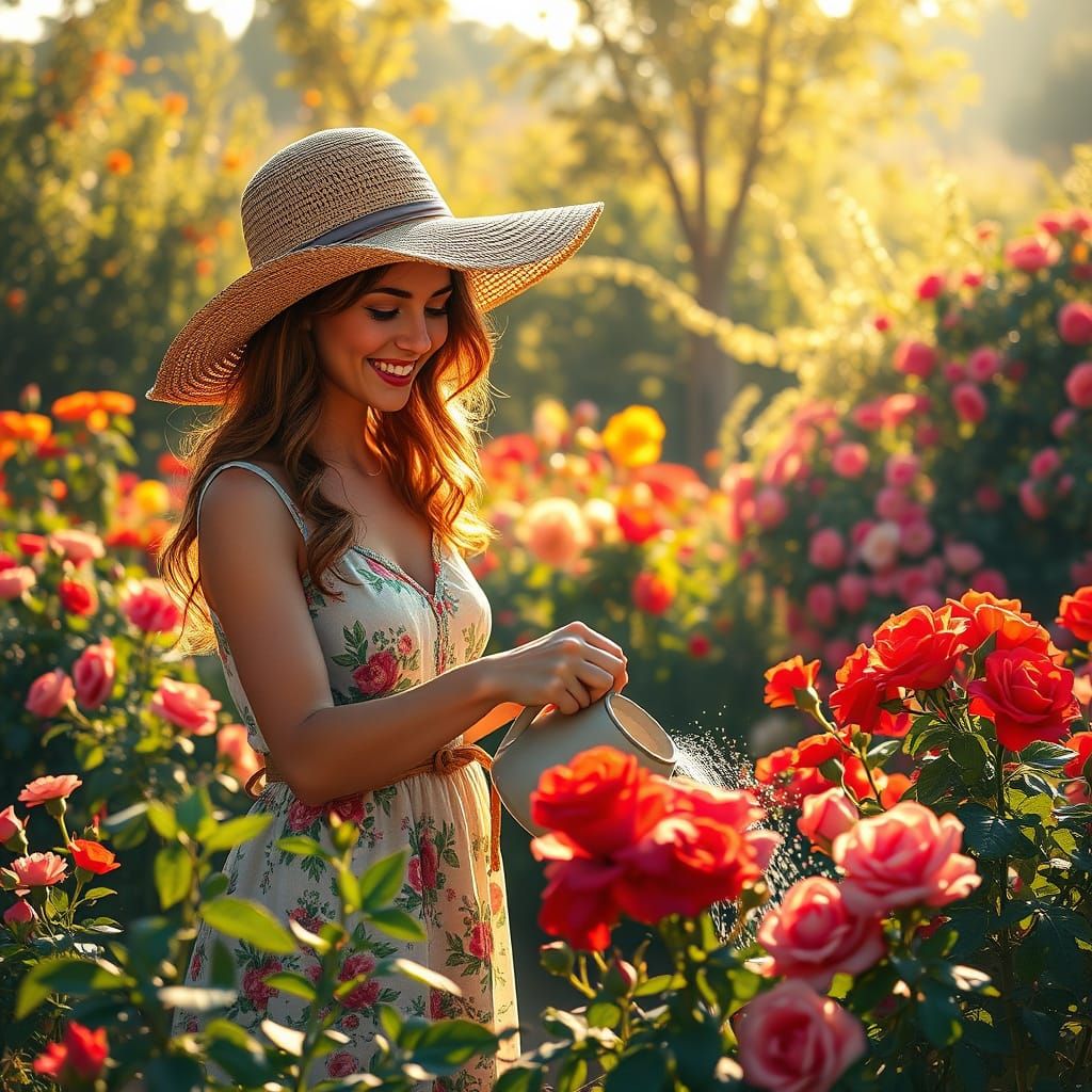 Woman Tending Vibrant Garden in Golden Hour Light