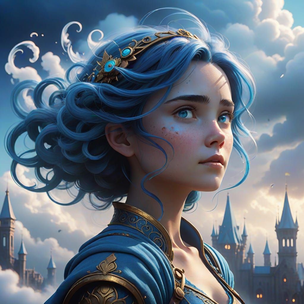 Ethereal Blue Goddess in Whimsical Cloud City