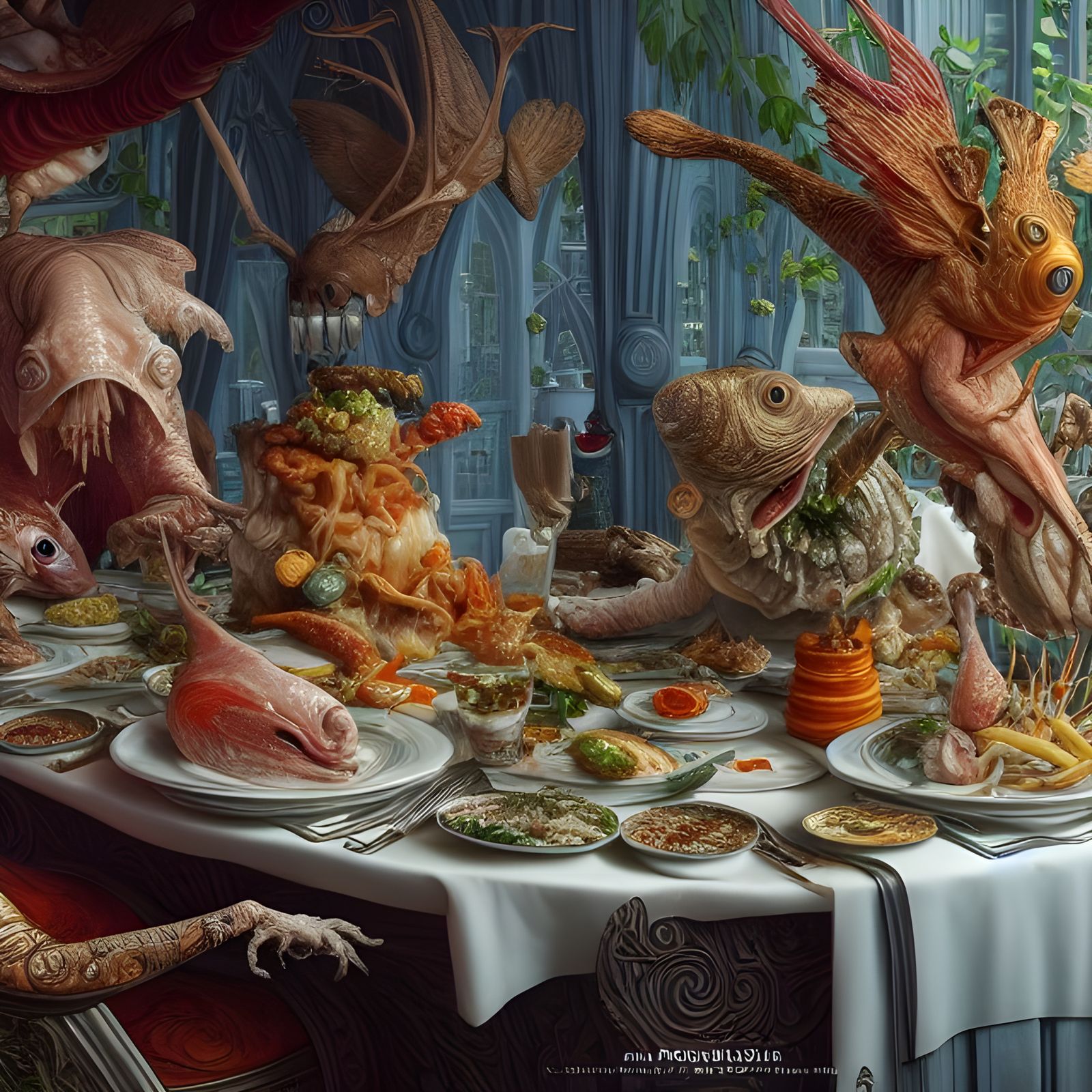 Ornate Waiter Presentation in Hyperrealistic Digital Art