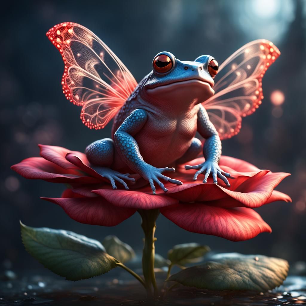 Fantastical Red Toad with Fairy Wings on Rose