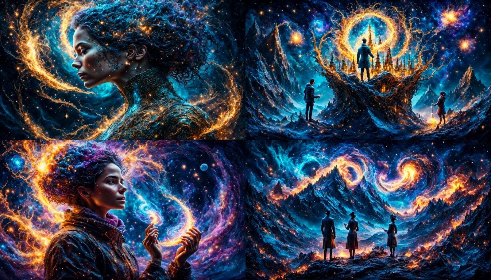 Surreal Scientists Surrounded by Sparks in Oil Painting