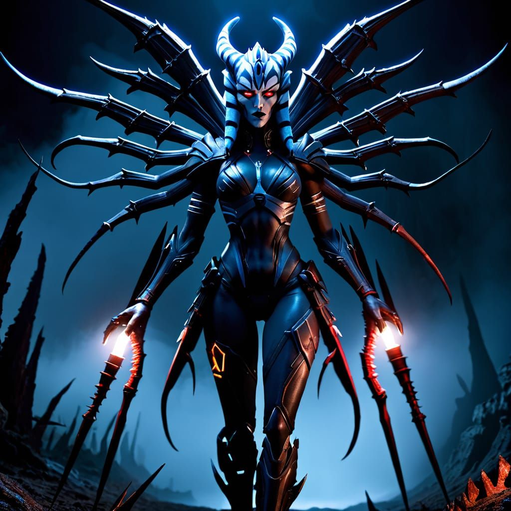 Dark Fantasy Ahsoka as Zerg Queen in Ominous Eerie Environme...