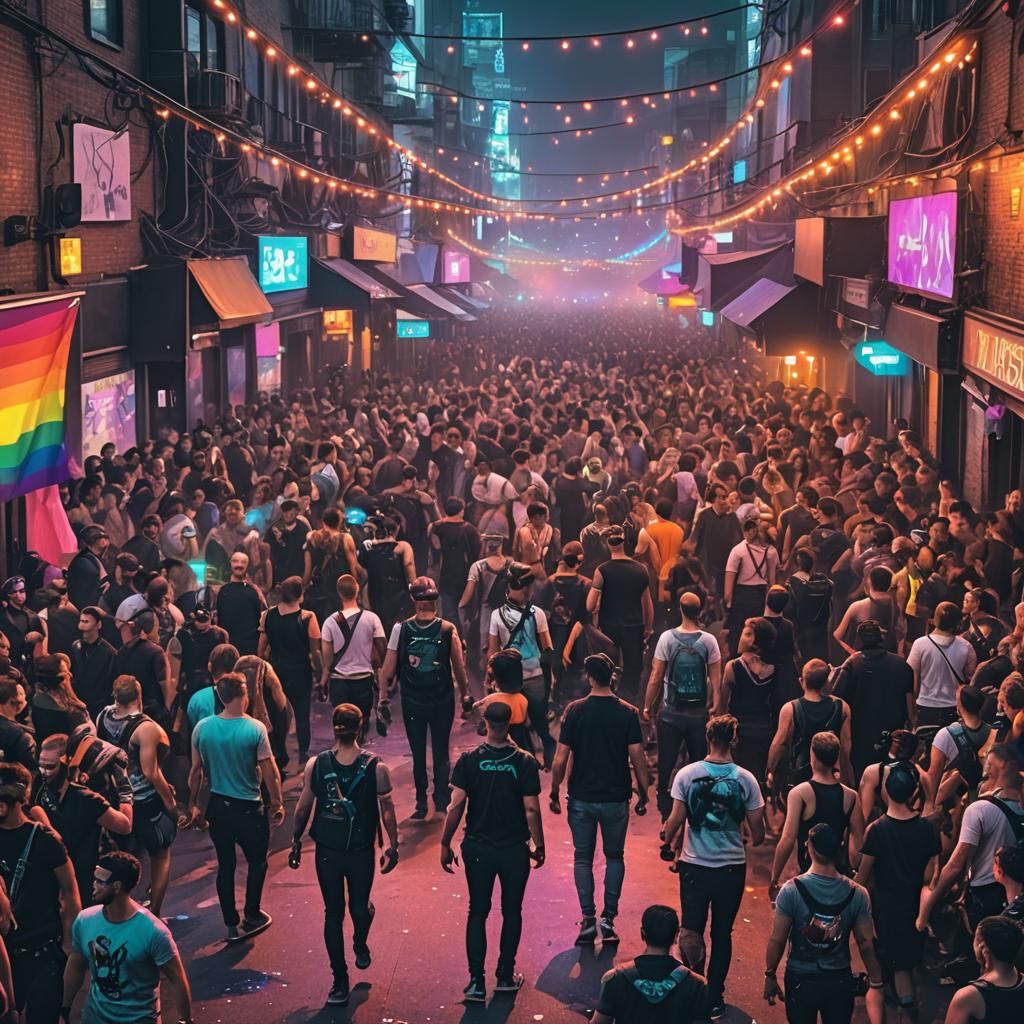 Cyberpunk Gay Pride Celebration at Night