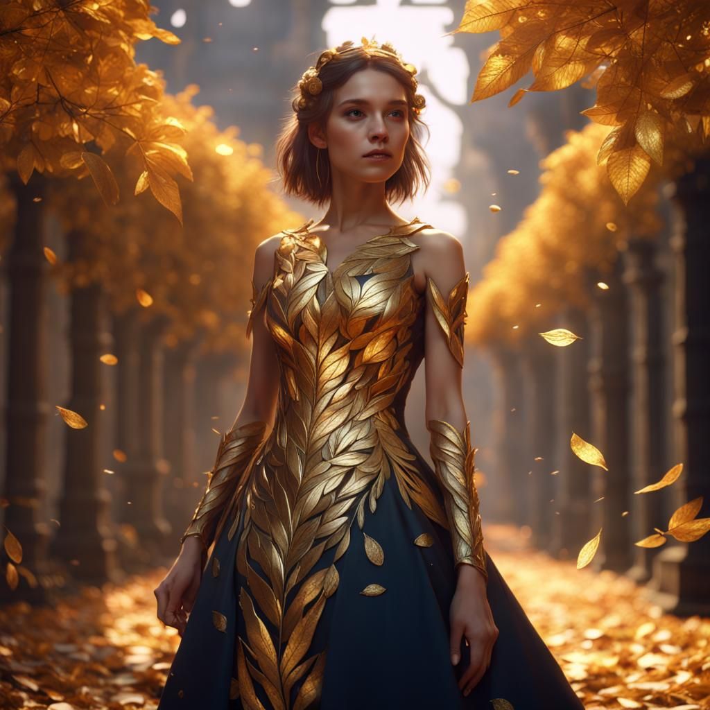 Girl in Golden Leaf Dress: Fantasy Concept Art