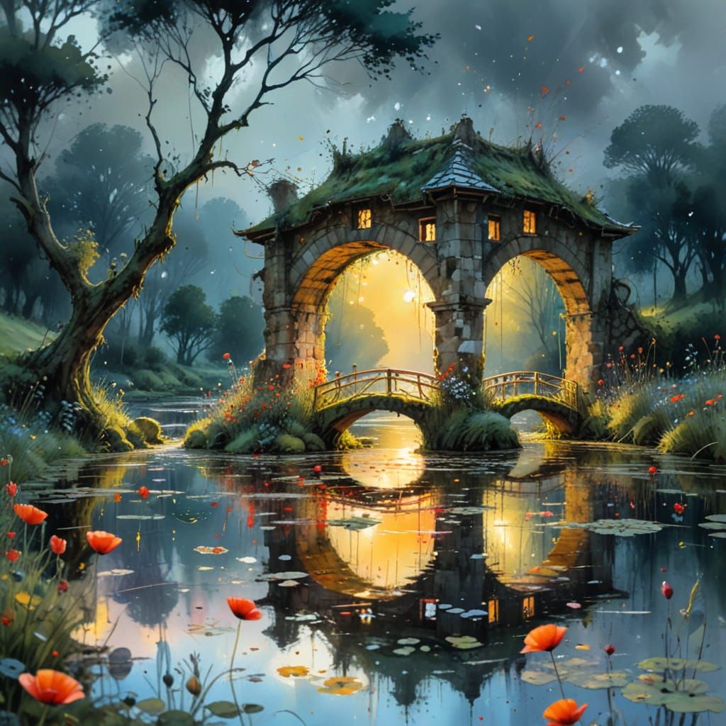 Mossy Stone Bridge in Watercolor Meadow