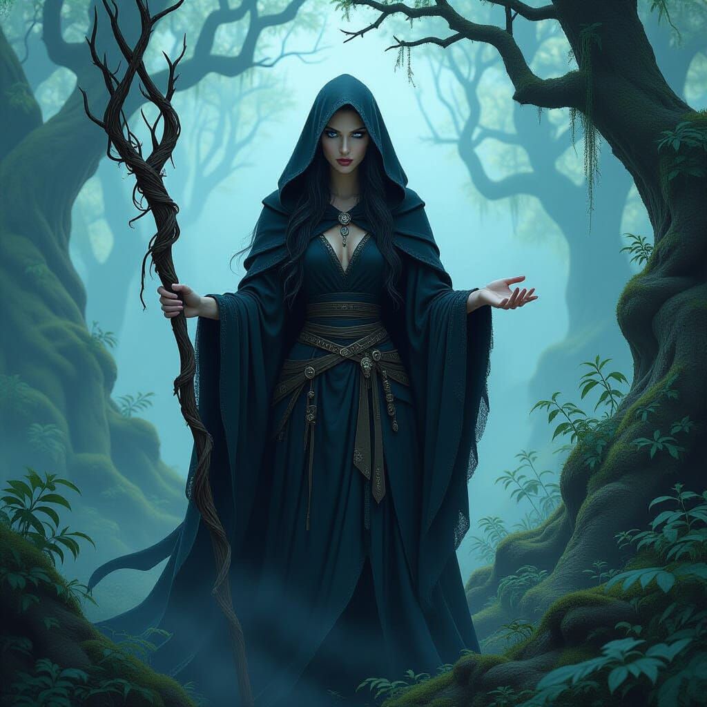 Enchanting Sorceress in Misty Forest, Arthur Rackham Style