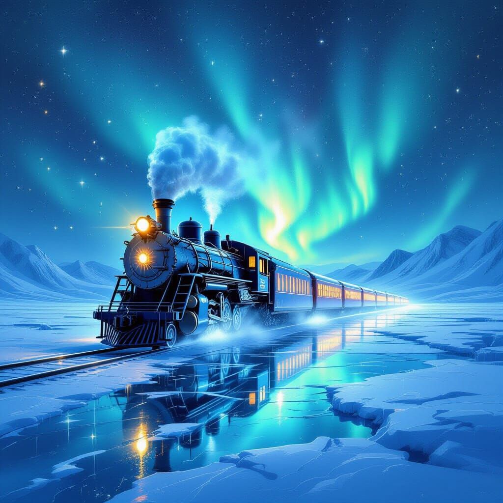 Magical Glowing Train Under Aurora Borealis