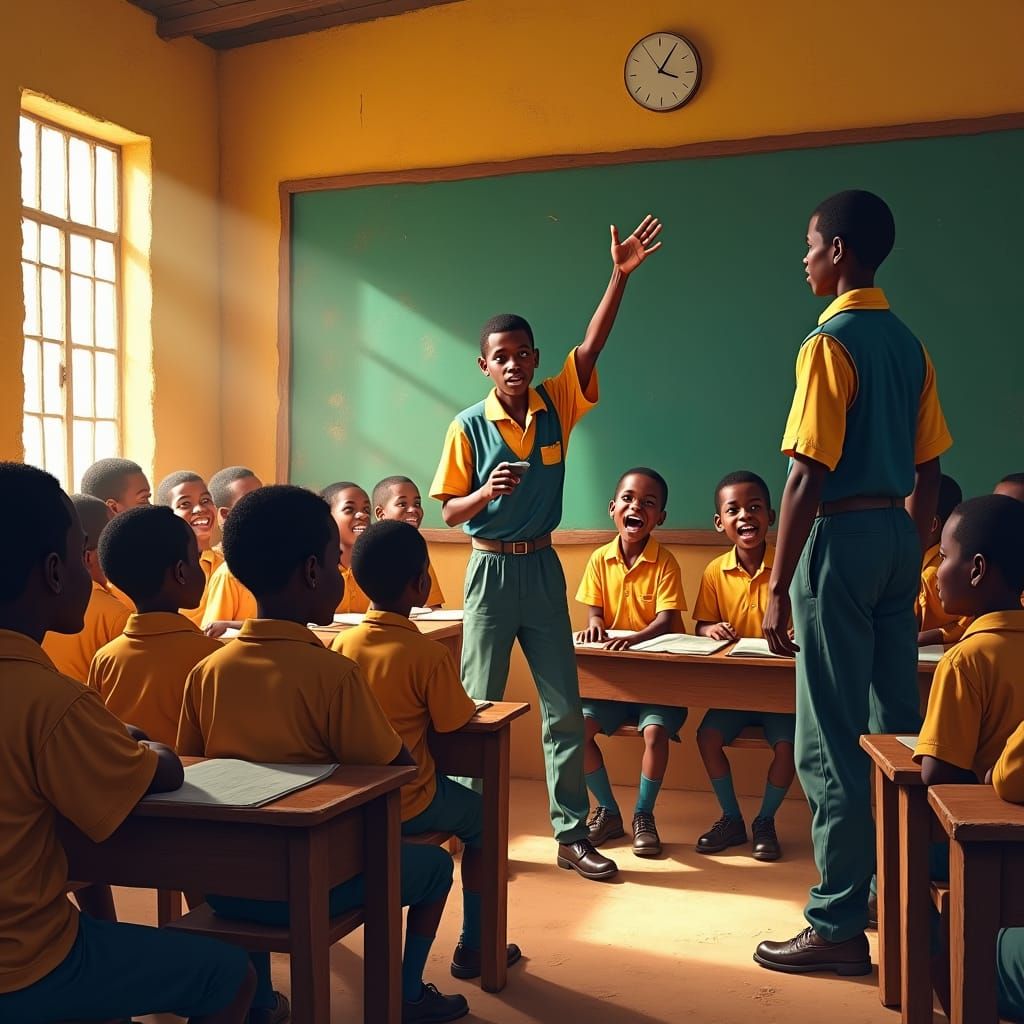 African Classroom Scene Inspired by Modigliani