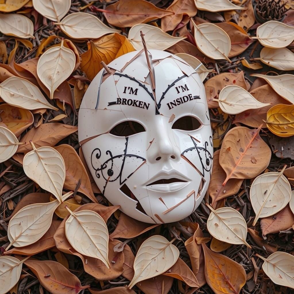 Shattered Porcelain Mask Amidst Autumn Leaves