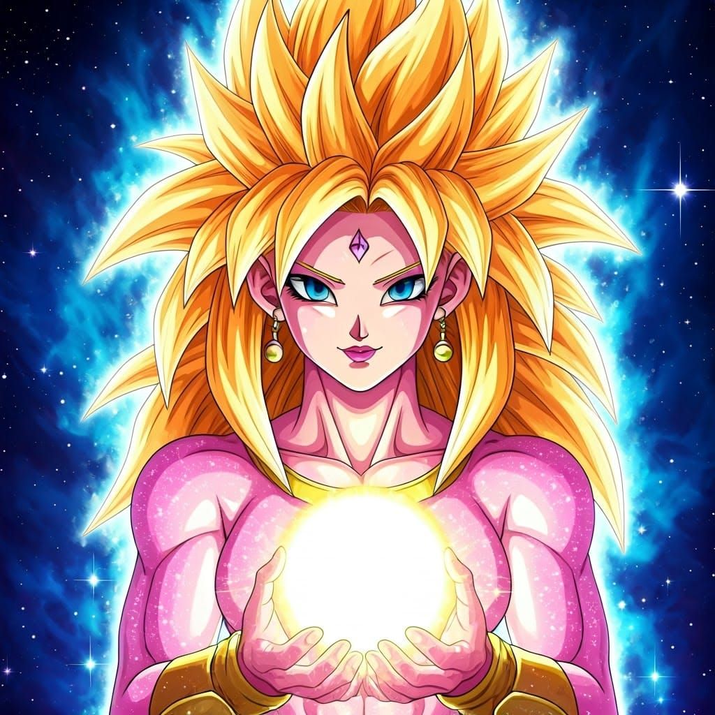 Radiant Anime Woman with Golden Orb in Nebula