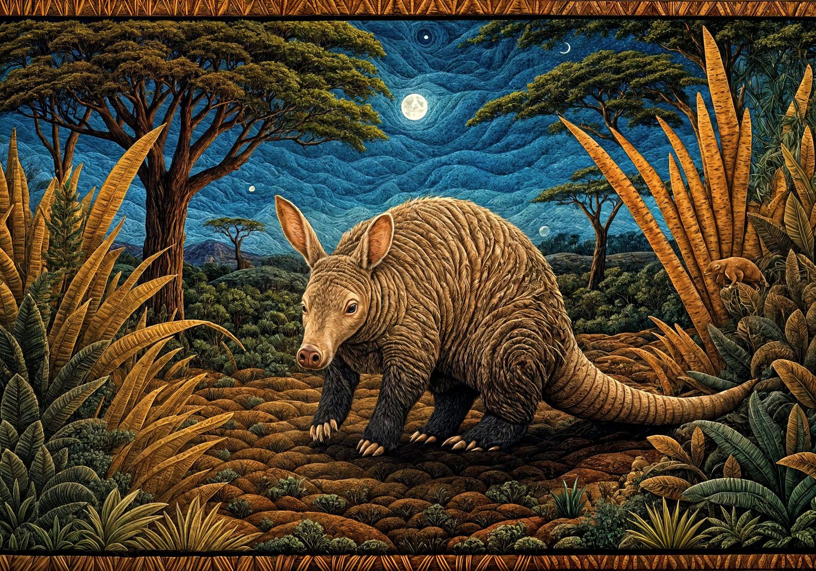 Whimsical African Aardvark in Moonlit Quilted Landscape