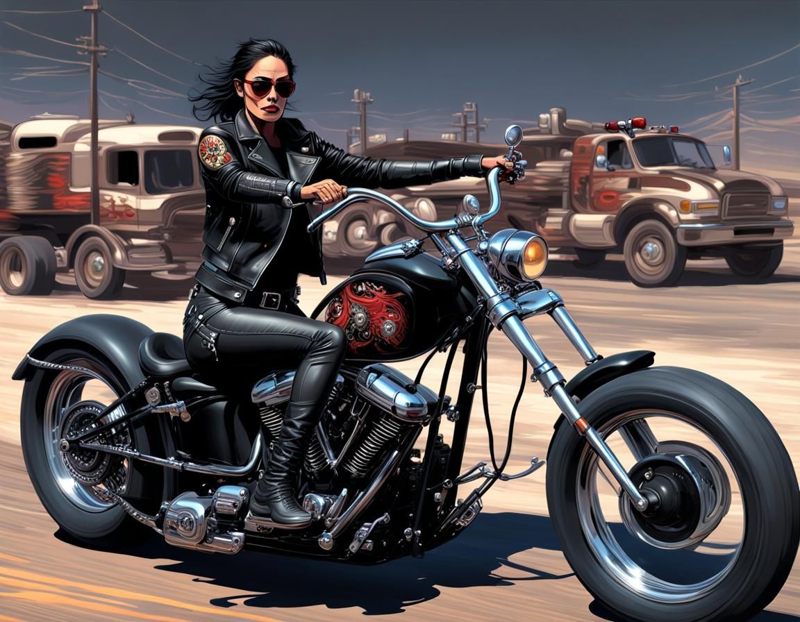 Gritty Female Outlaw Biker on Chopper Illustration