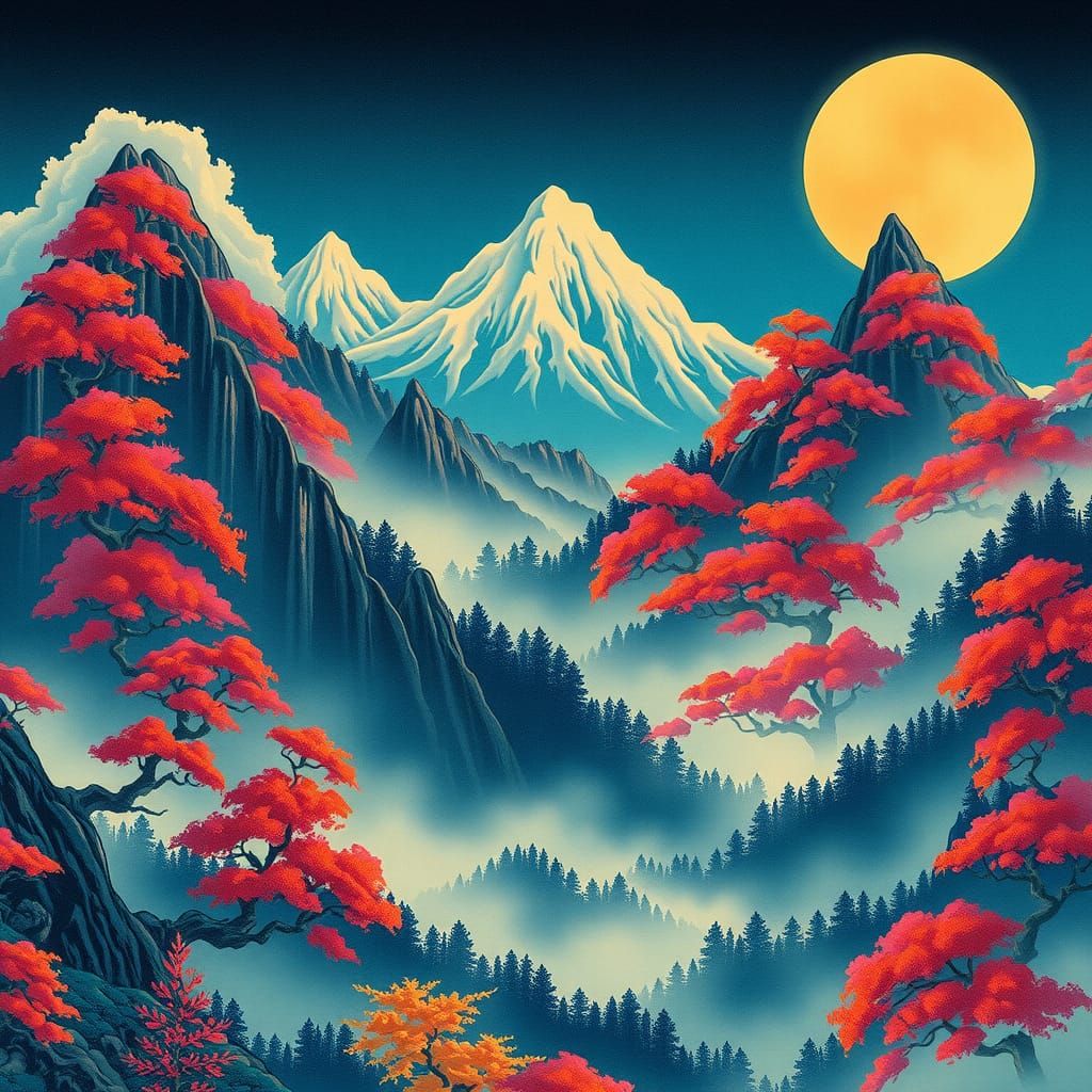 Japanese Mountains in Ukiyo-e Style