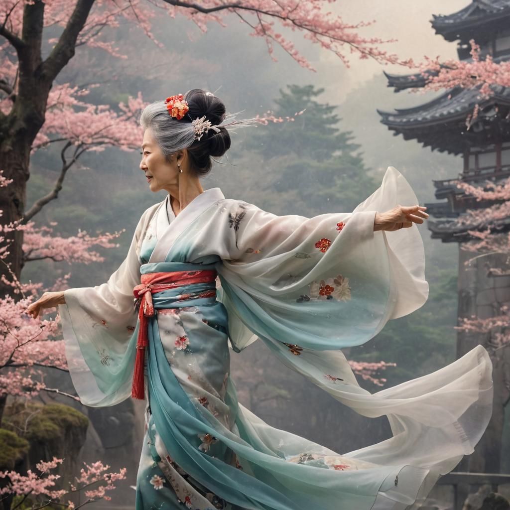 Elegant Japanese Woman in Flowing Tulle Kimono
