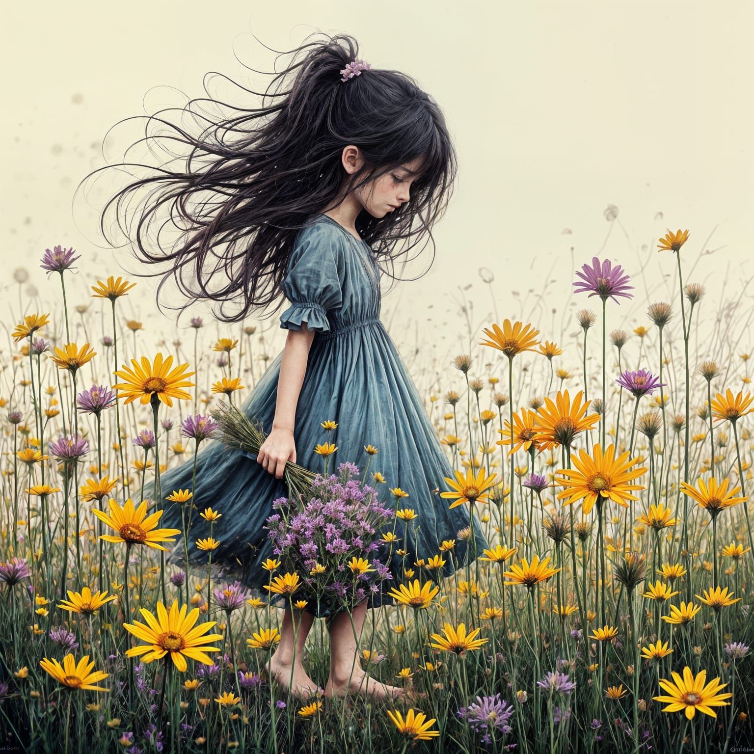 Lost Child in Wildflower Field: Hyperrealistic Digital Art