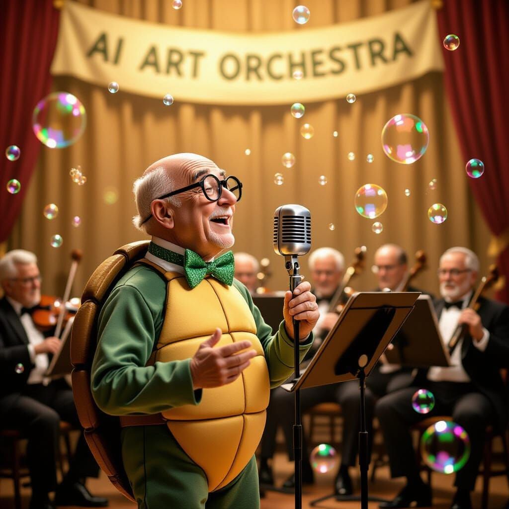 Turtle-Costumed Singer with AI Orchestra, Nostalgic Art