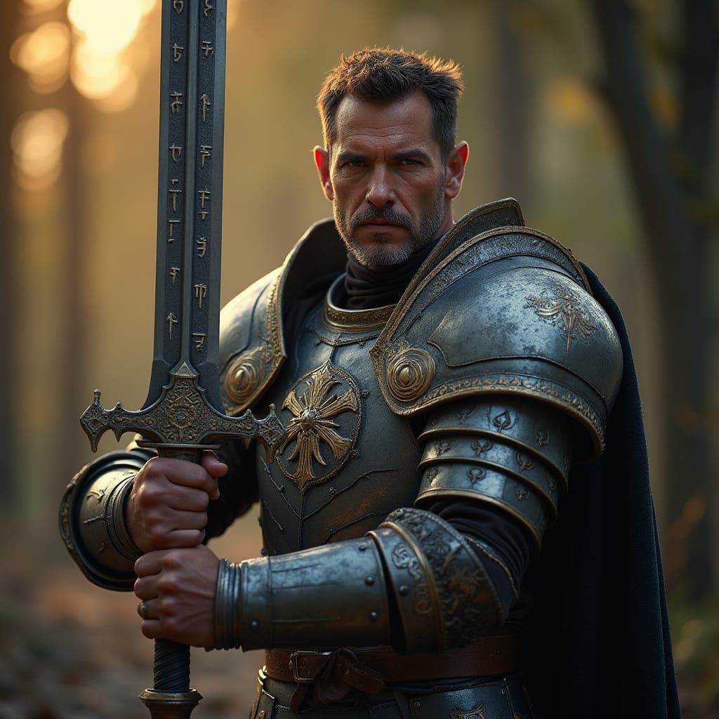 Epic Paladin in Ornate Armor Wields Two-Handed Greatsword