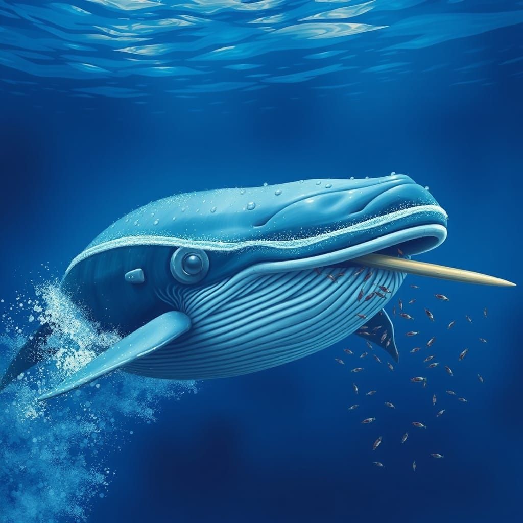 Blue Whale Harvesting Krill in Dreamy Underwater Scene