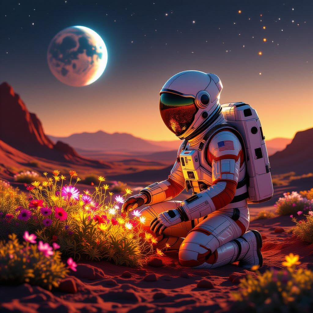 Astronaut Tends Bioluminescent Garden on Mars