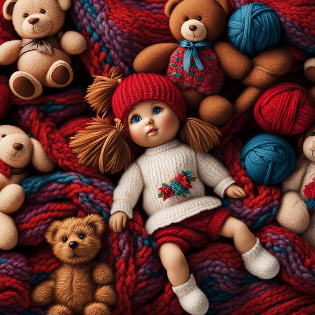 Rag Doll and Teddy Bear on Woolen Blanket