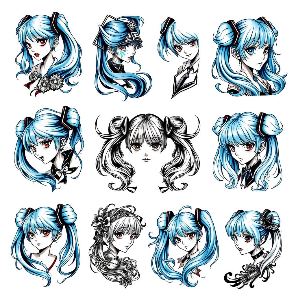 Hatsune Miku Tattoo Flash Sheet in New School Style
