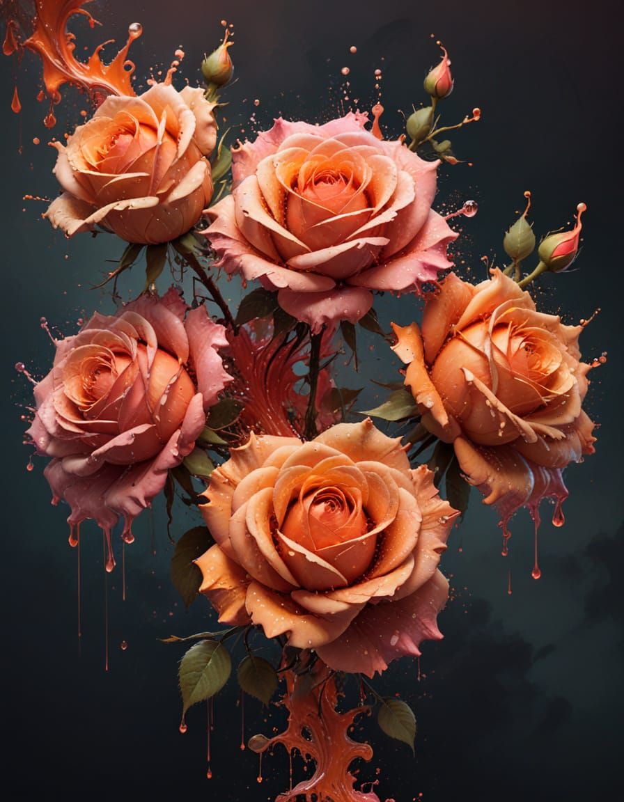 Vibrant Splattered Roses Bloom in the Rainy Night
