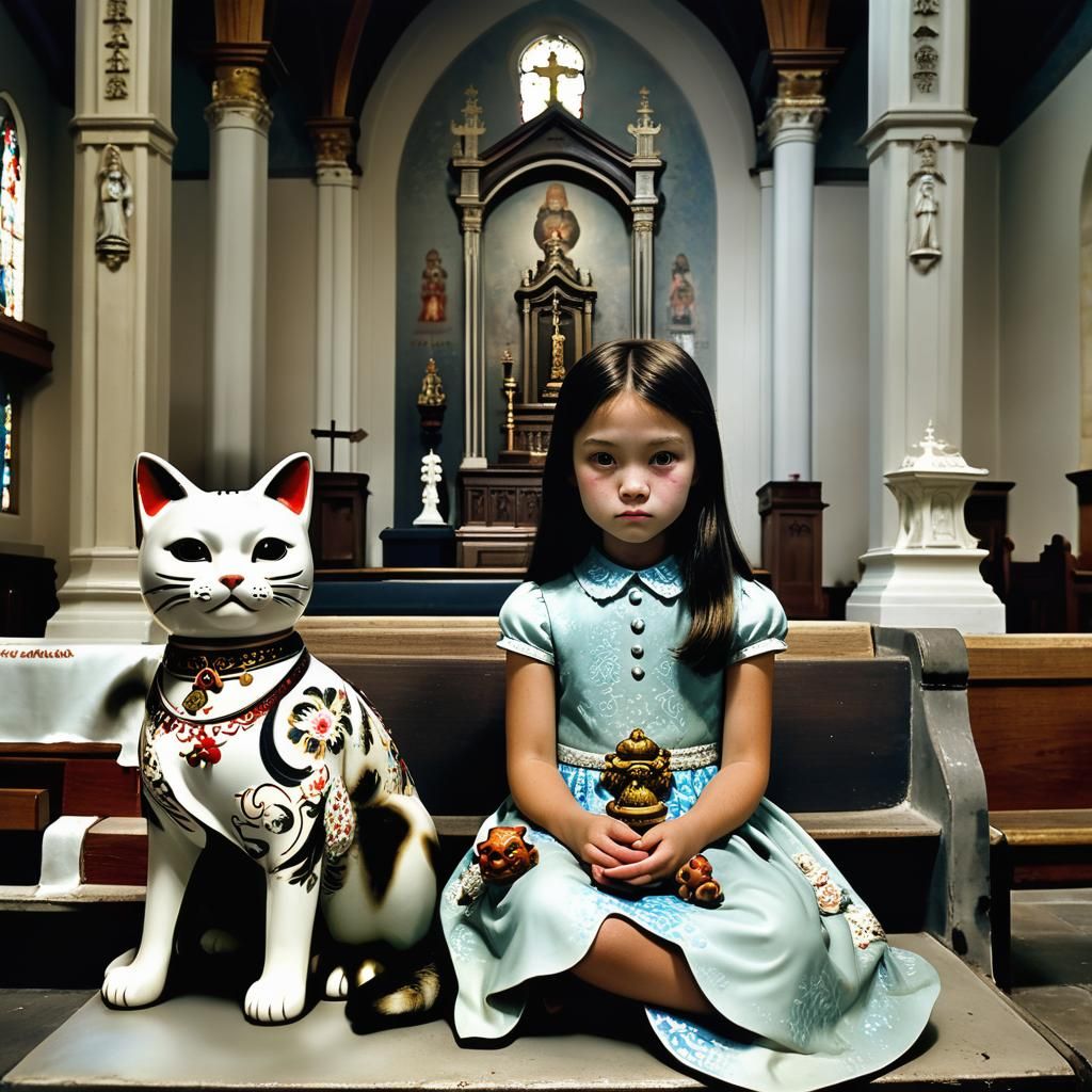 Girl with Maneki-neko Cat in Ornate Church