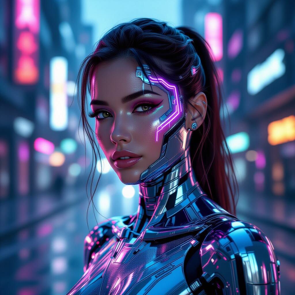 Futuristic Chrome Woman in Neon Cyberpunk City