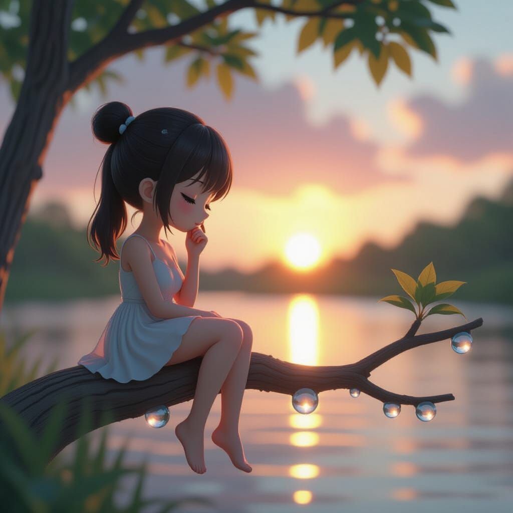 Water Drop Woman Contemplating Sunset, Macro Photography