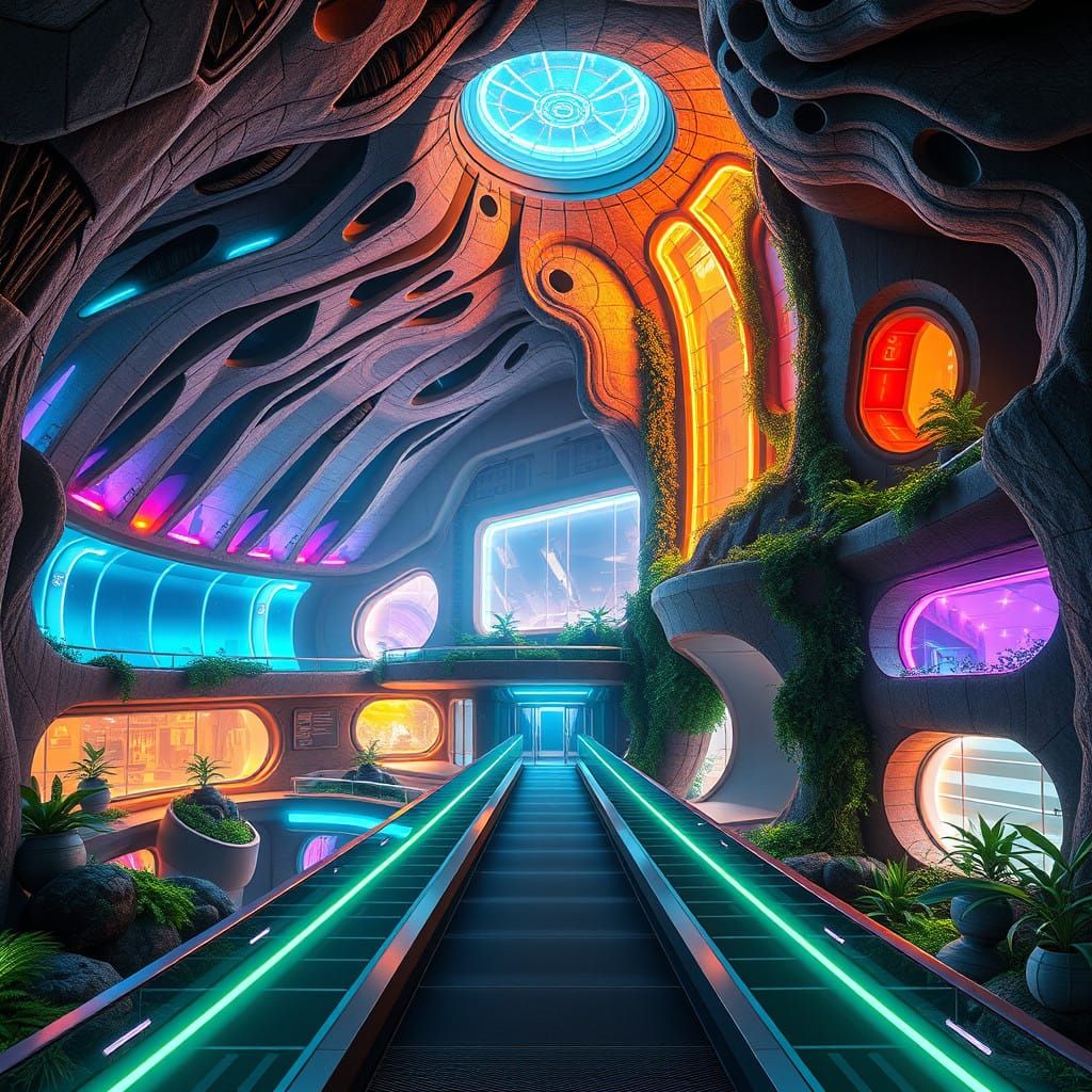 Surreal Futuristic Underground Cityscape in Neon Colors