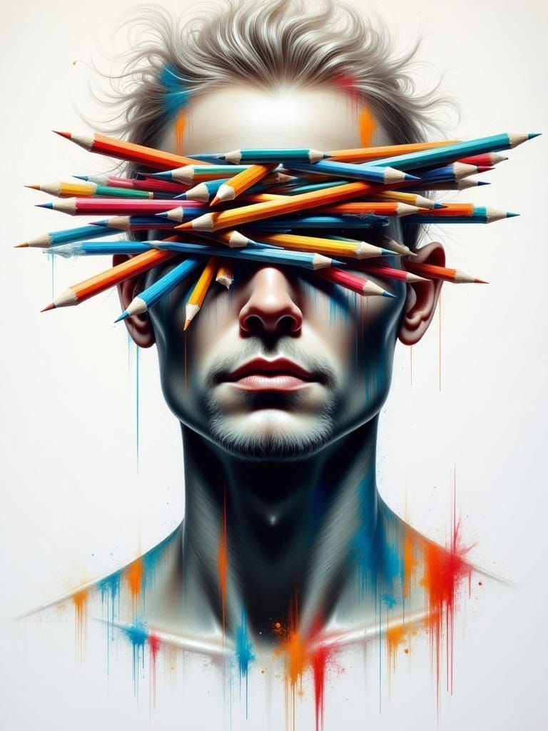 Realistic Gray Man Surreal Self-Portrait with Rainbow Scribb...