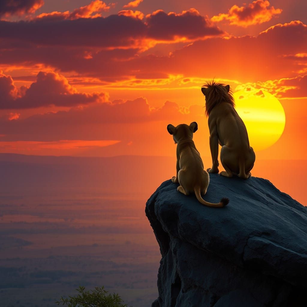 Lion Father and Son Gaze Out Over African Sunset