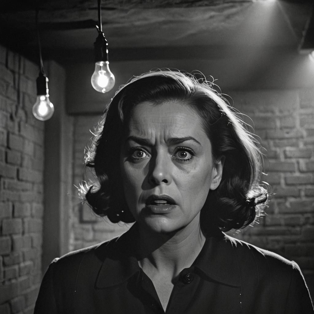 woman trapped alone in a dark basement, she is scared, noir