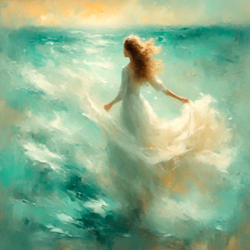 Ethereal Woman Flies Over Turquoise Water as Oil Painting