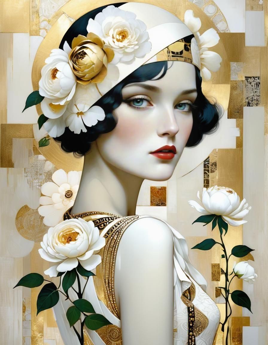 1920s Girl with Roses in Klimt Style