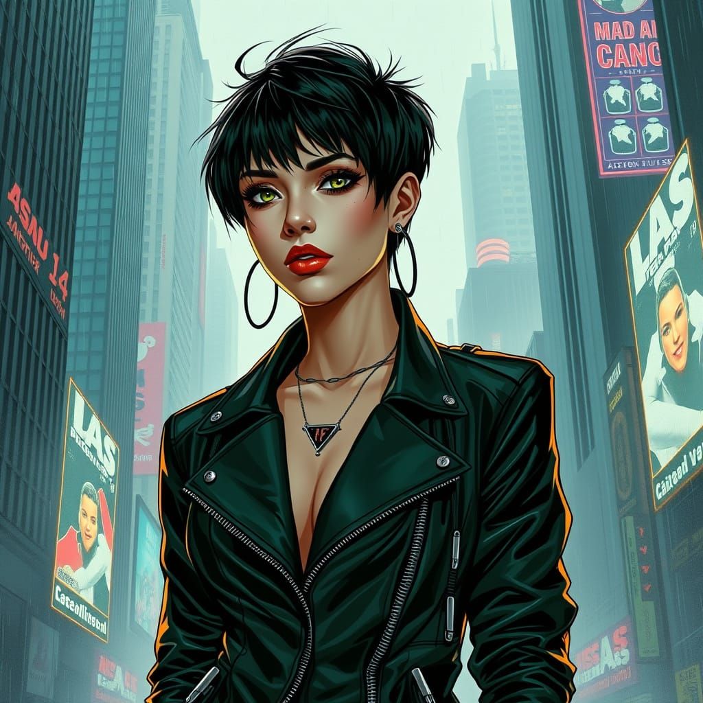 Cyberpunk Woman with Neon Tattoos in Rainy Cityscape
